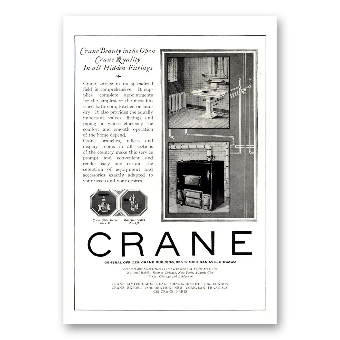 1923 Crane Beauty In the Open Vintage Magazine Print Ad