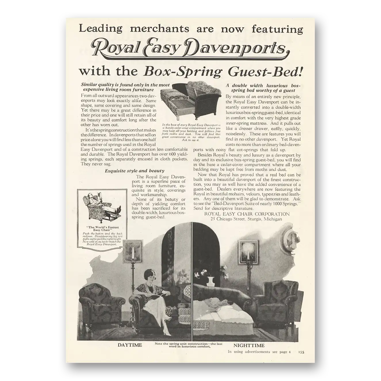 1923 Royal Easy Davenports Box Spring Guest Bed Vintage Magazine Print Ad