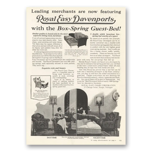 1923 Royal Easy Davenports Box Spring Guest Bed Vintage Magazine Print Ad