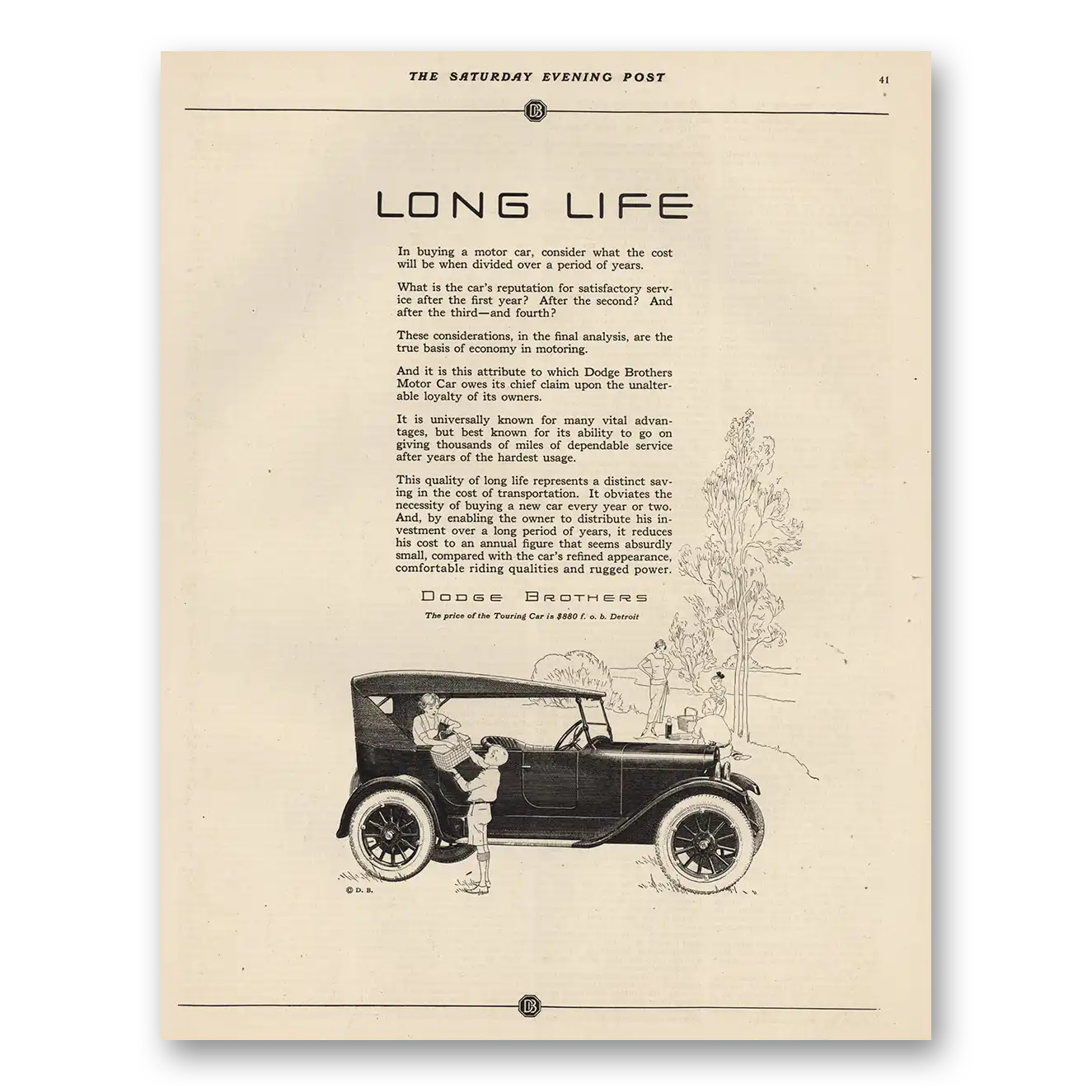 1923 Dodge Touring Car Long Life Vintage Magazine Print Ad