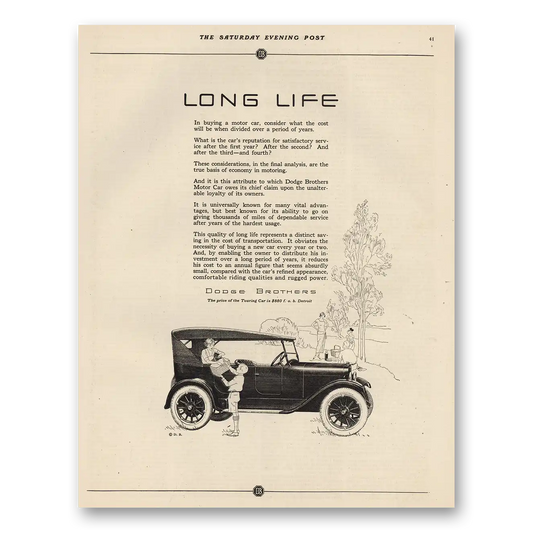 1923 Dodge Touring Car Long Life Vintage Magazine Print Ad