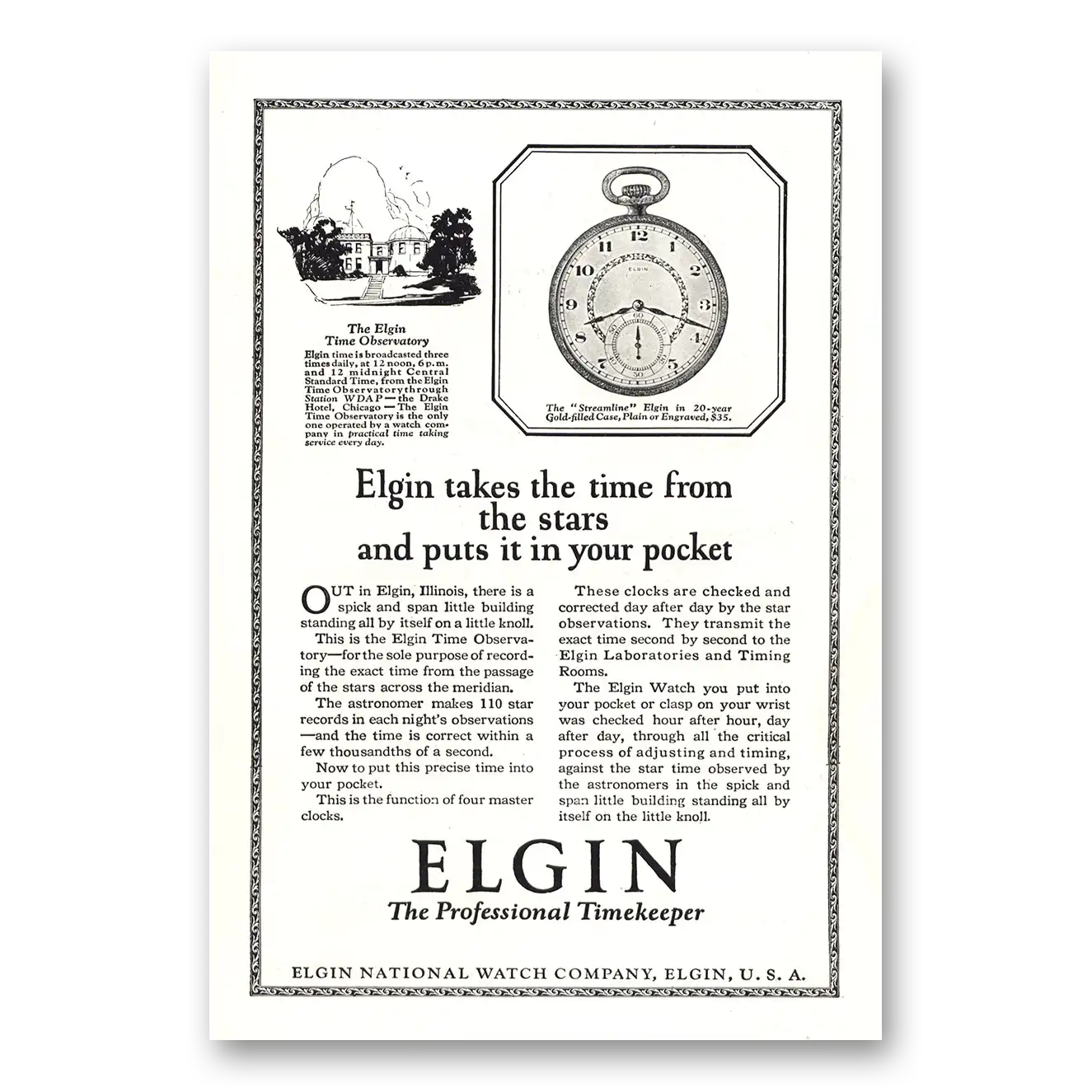 1923 Elgin Watch Takes the Time From the Stars Vintage Magazine Print Ad