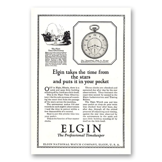 1923 Elgin Watch Takes the Time From the Stars Vintage Magazine Print Ad
