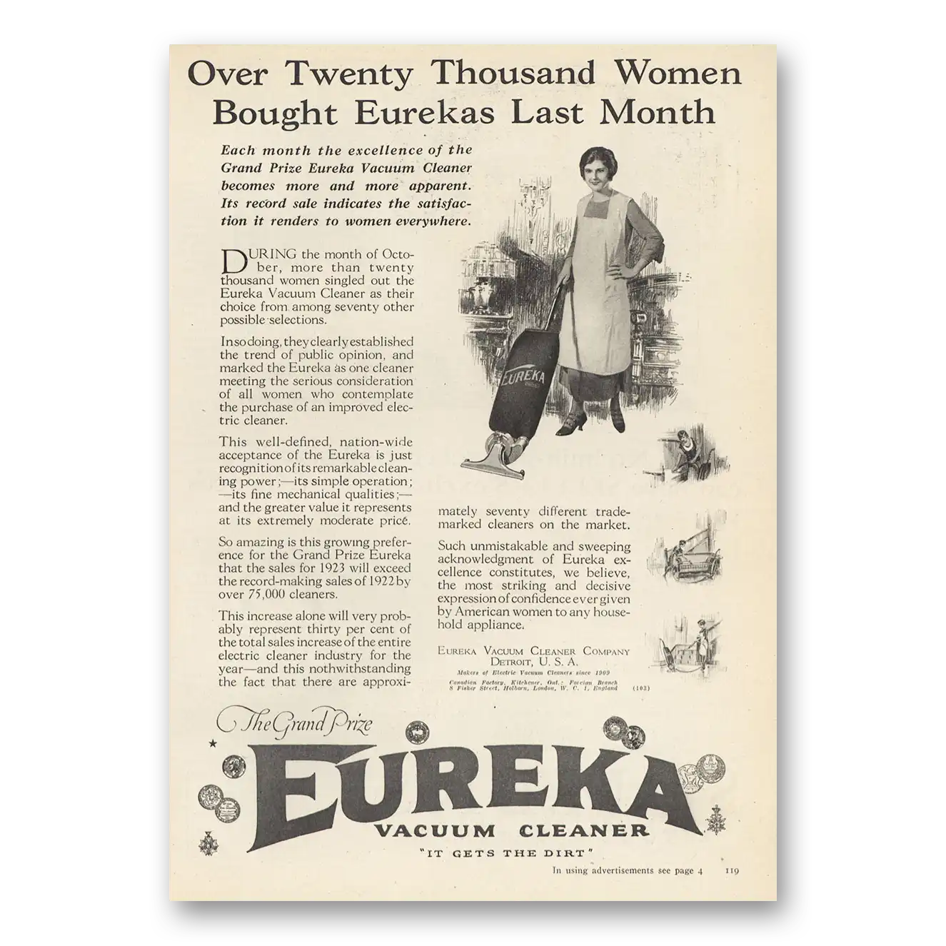 1923 Eureka Vacuum Cleaner Twenty Thousand Women Vintage Magazine Print Ad