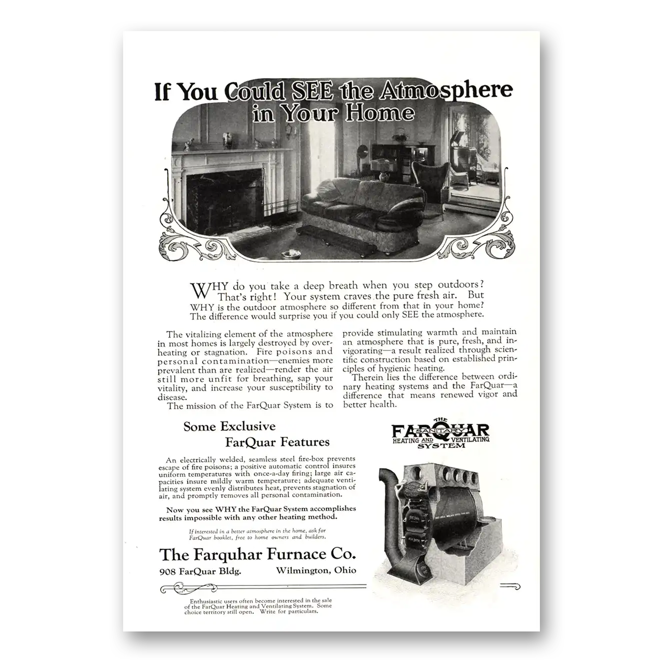 1923 Farquhar Furnace Atmosphere In Your Home Vintage Magazine Print Ad