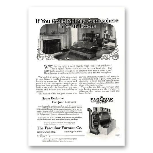 1923 Farquhar Furnace Atmosphere In Your Home Vintage Magazine Print Ad