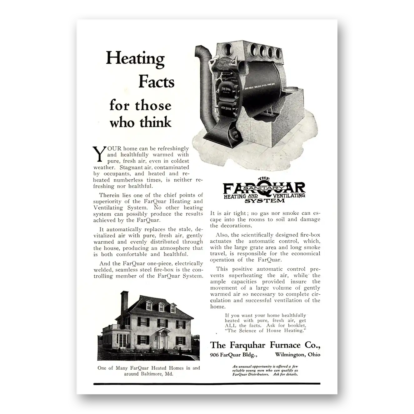 1923 Farquhar Furnace Heating Facts Those Who Think Vintage Magazine Print Ad