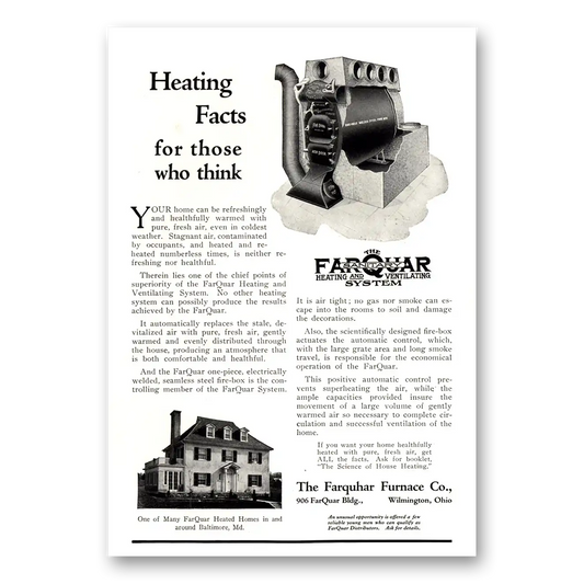 1923 Farquhar Furnace Heating Facts Those Who Think Vintage Magazine Print Ad