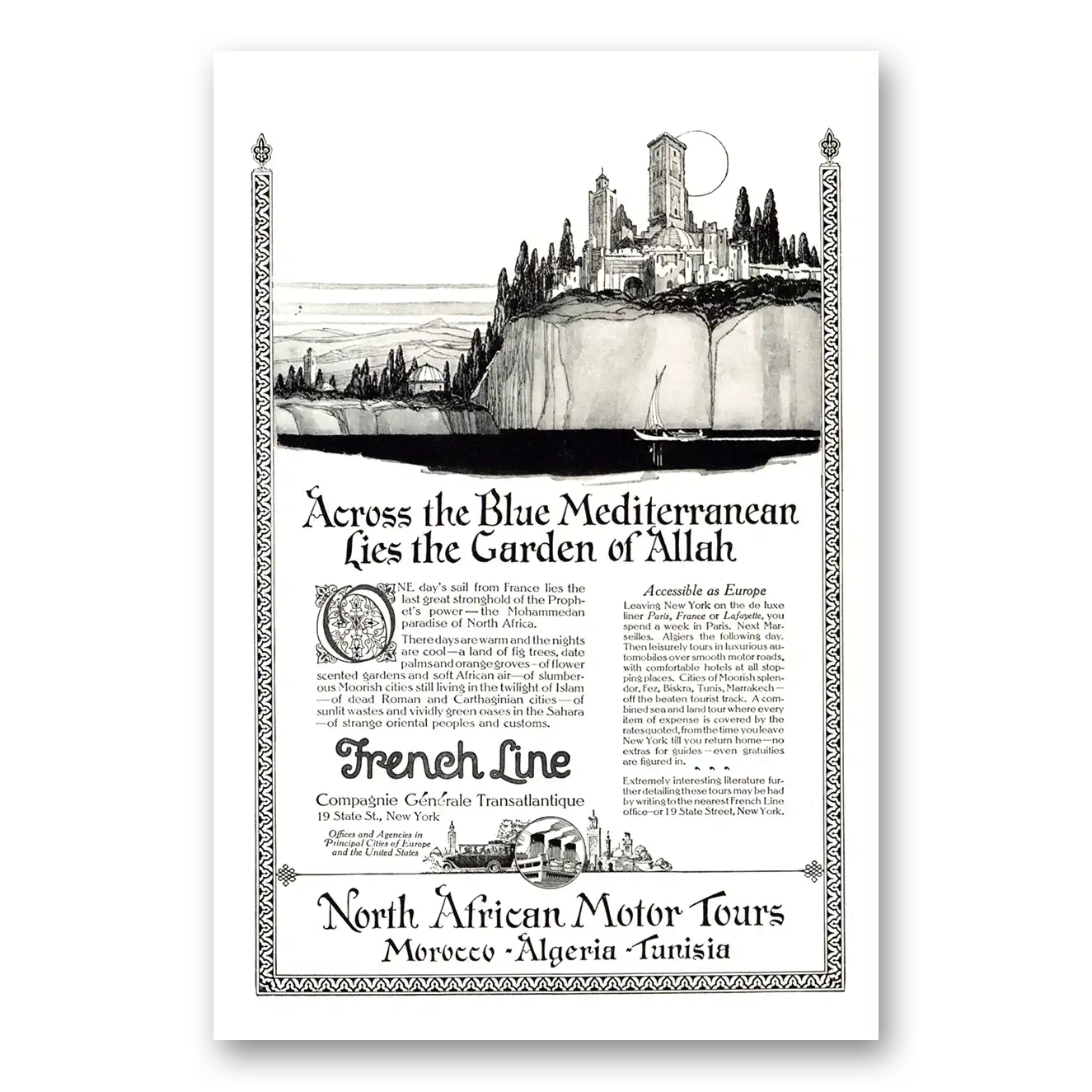 1923 French Line Across the Blue Mediterranean Vintage Magazine Print Ad