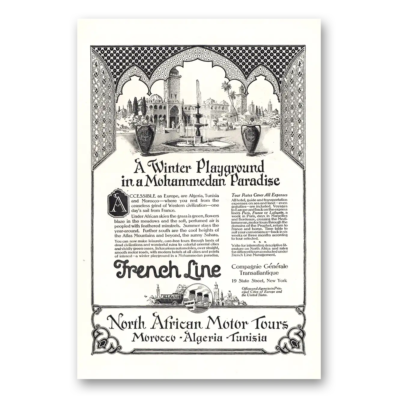 1923 French Line Winter Playground Mohammedan Paradise Vintage Magazine Print Ad