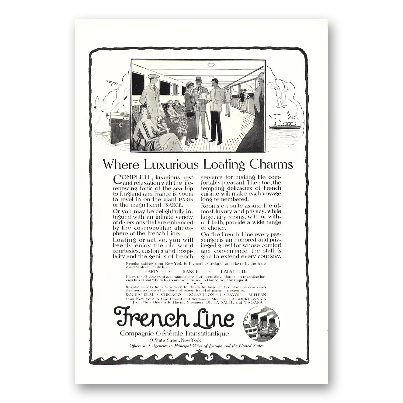 1923 French Line Luxurious Loafing Charms Vintage Magazine Print Ad