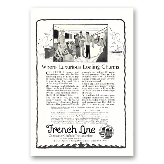 1923 French Line Luxurious Loafing Charms Vintage Magazine Print Ad