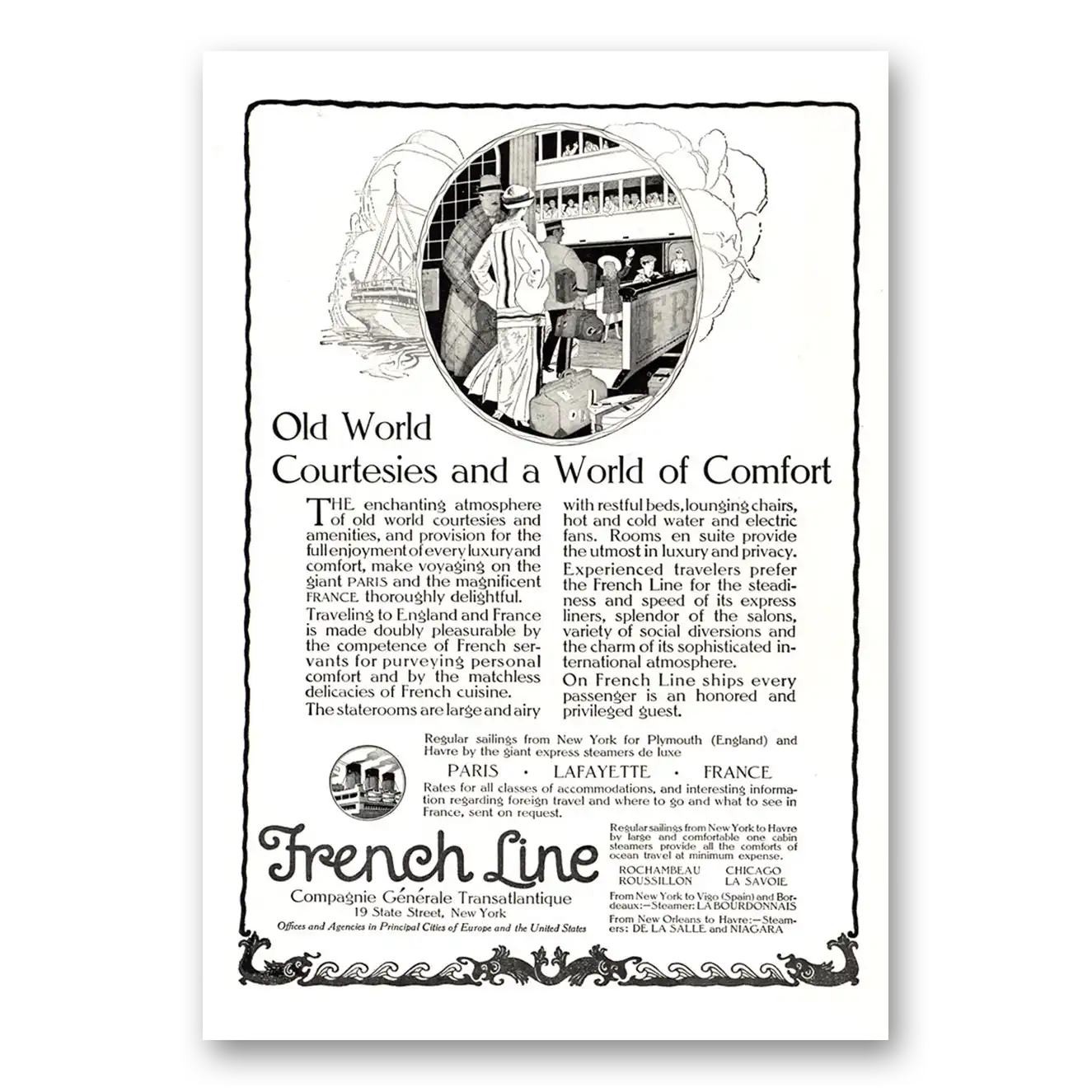 1923 French Line Old World Courtesies Vintage Magazine Print Ad