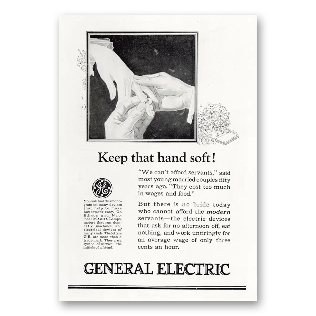 1923 General Electric Keep That Hand Soft Vintage Magazine Print Ad