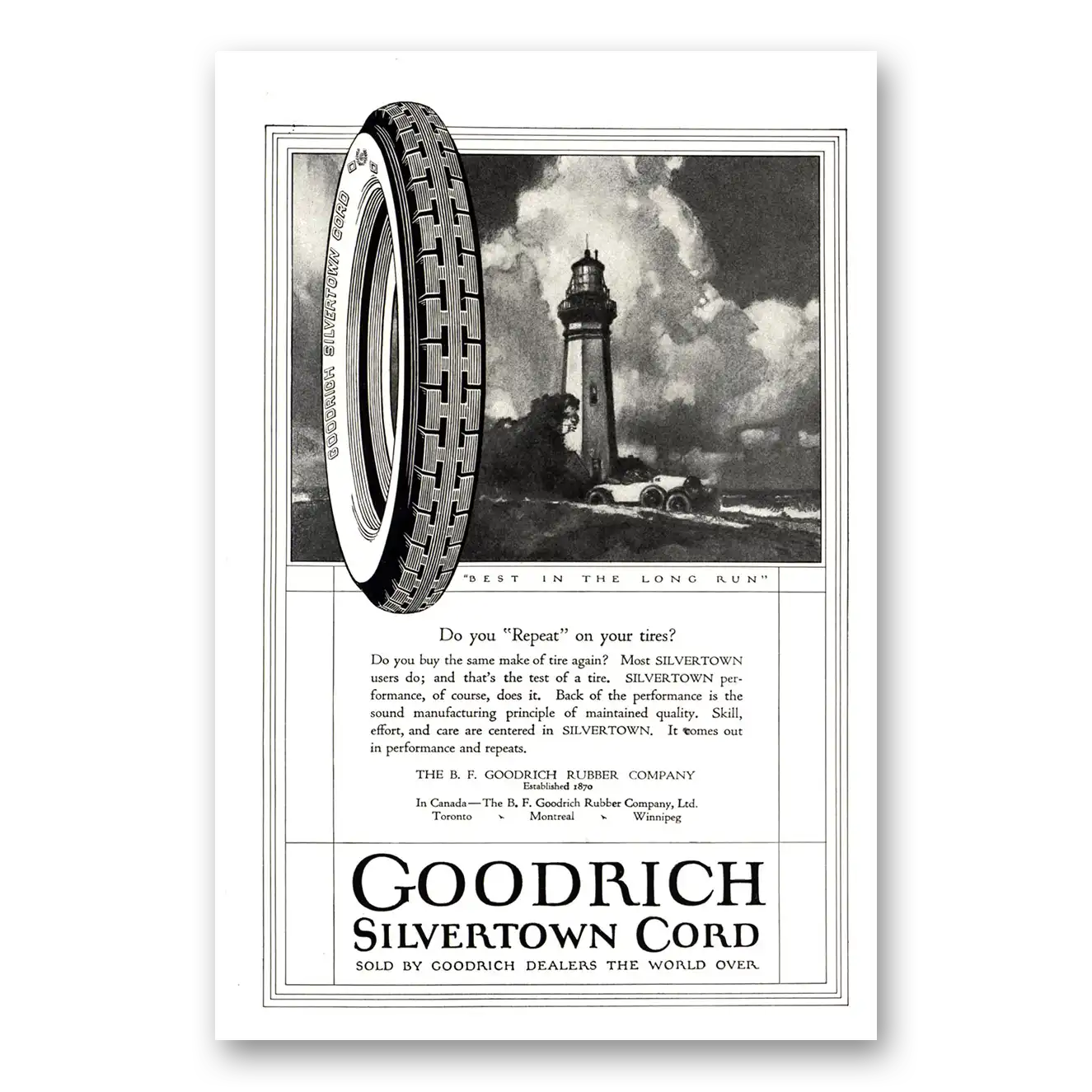 1923 Goodrich Silvertown Cord Tires Lighthouse Do You Repeat Vintage Magazine Print Ad