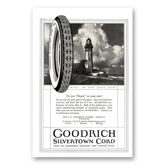 1923 Goodrich Silvertown Cord Tires Lighthouse Do You Repeat Vintage Magazine Print Ad