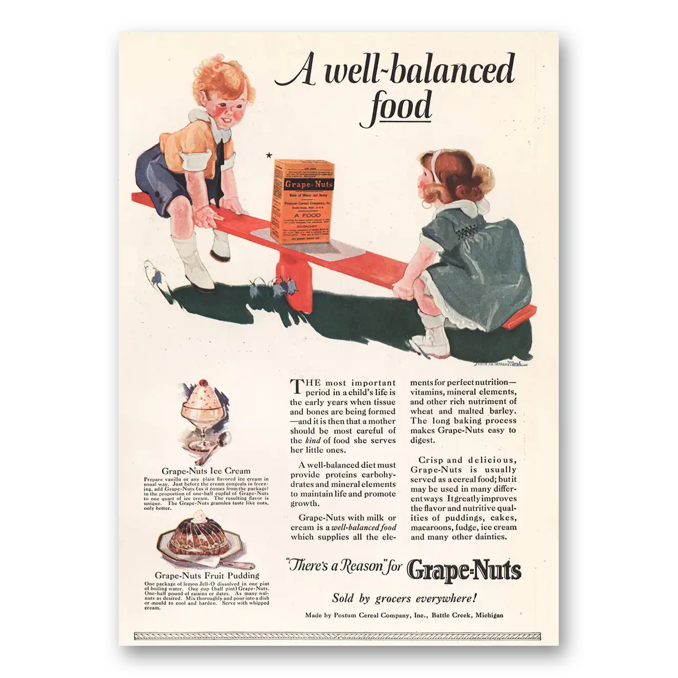 1923 Grape Nuts Cereal Well Balanced Food Vintage Magazine Print Ad