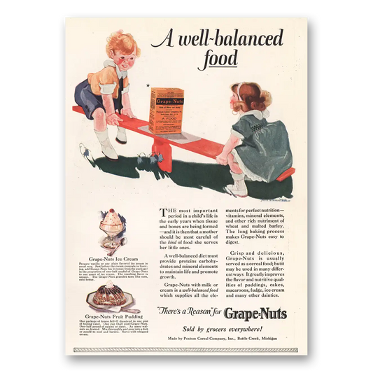 1923 Grape Nuts Cereal Well Balanced Food Vintage Magazine Print Ad