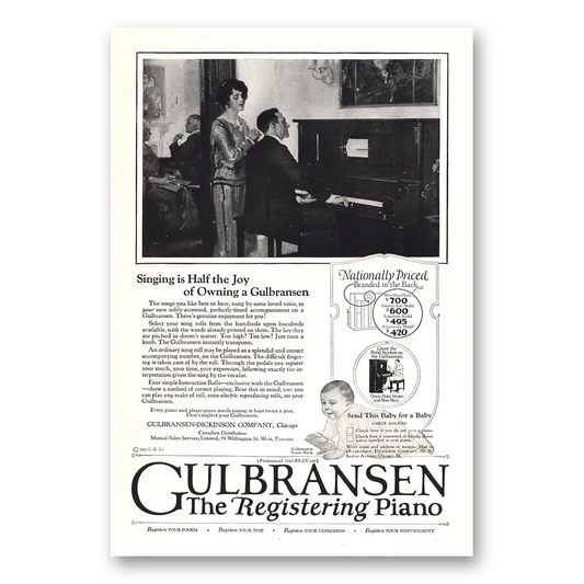 1923 Gulbransen Piano Registering Piano Singing Is Half the Joy Vintage Magazine Print Ad