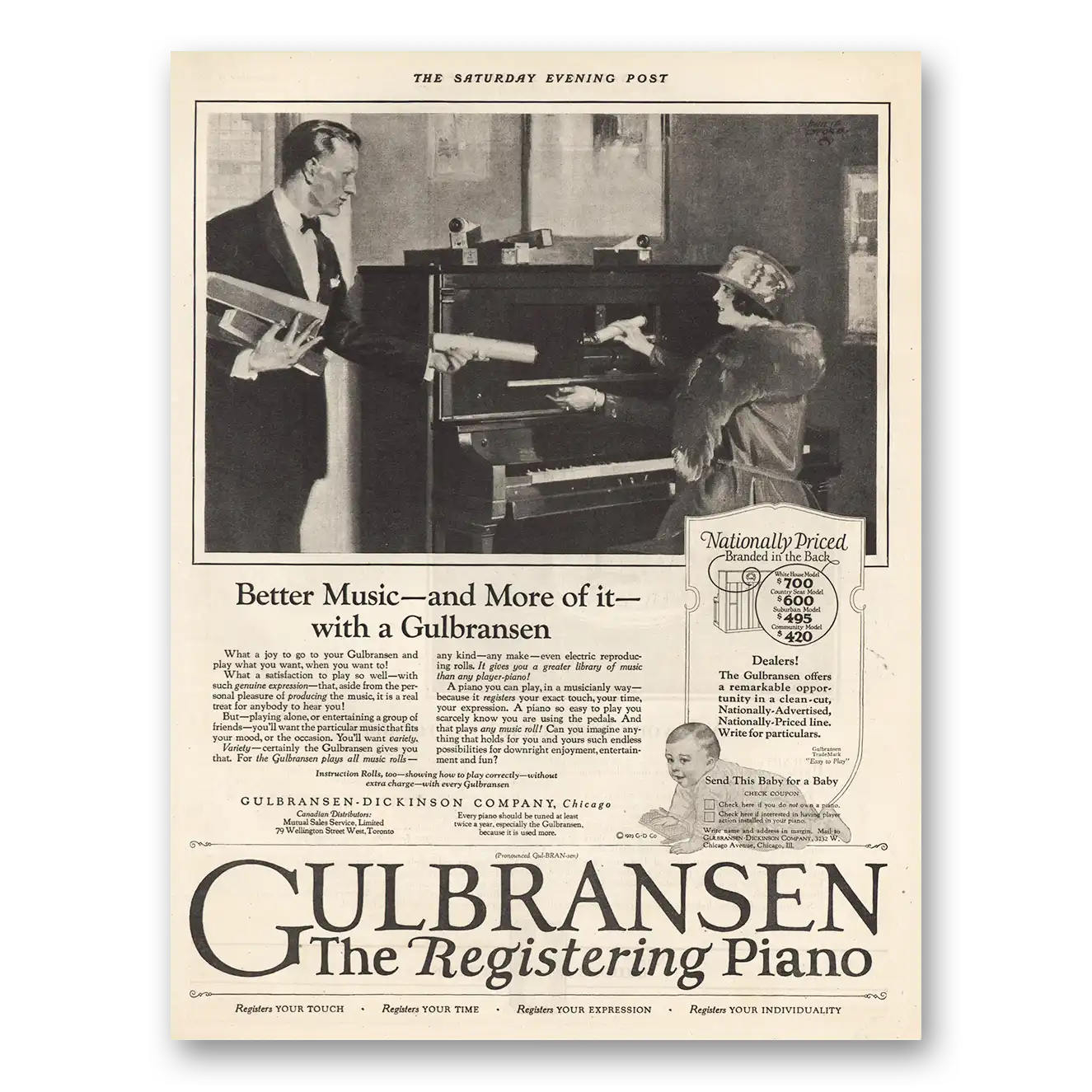 1923 Gulbransen Piano Better Music More Of It Vintage Magazine Print Ad