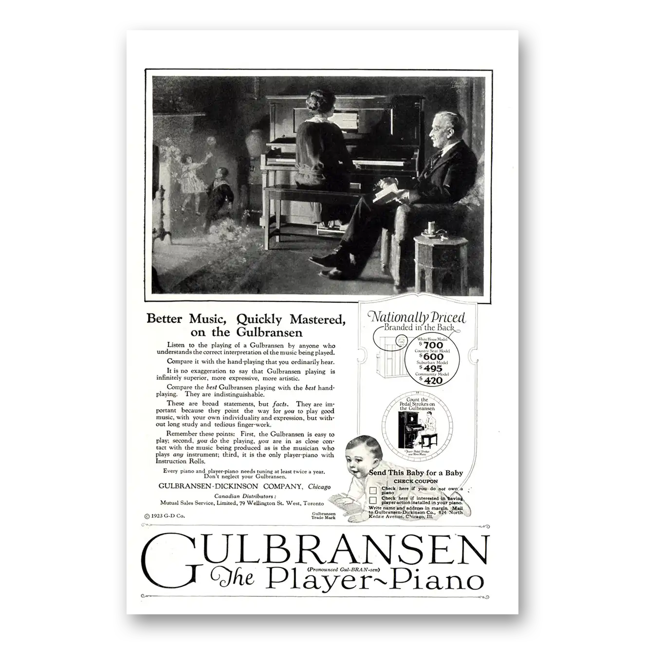 1923 Gulbransen Piano Player Piano Better Music Quickly Mastered Vintage Magazine Print Ad