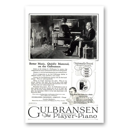 1923 Gulbransen Piano Player Piano Better Music Quickly Mastered Vintage Magazine Print Ad