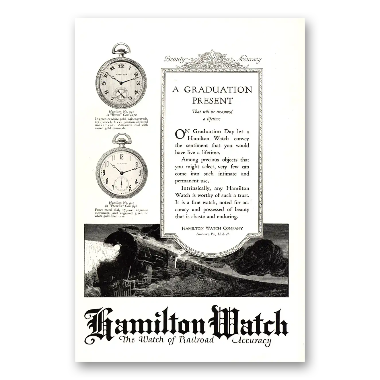 1923 Hamilton Watch Graduation Present Vintage Magazine Print Ad