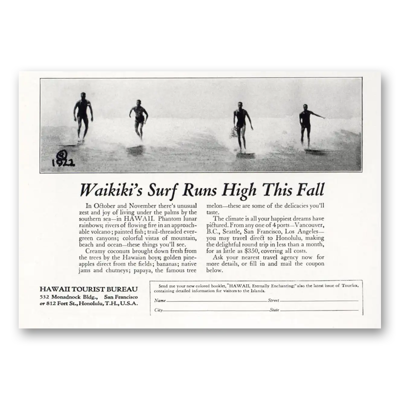 1923 Hawaii Waikikis Surf Runs High This Fall Vintage Magazine Print Ad