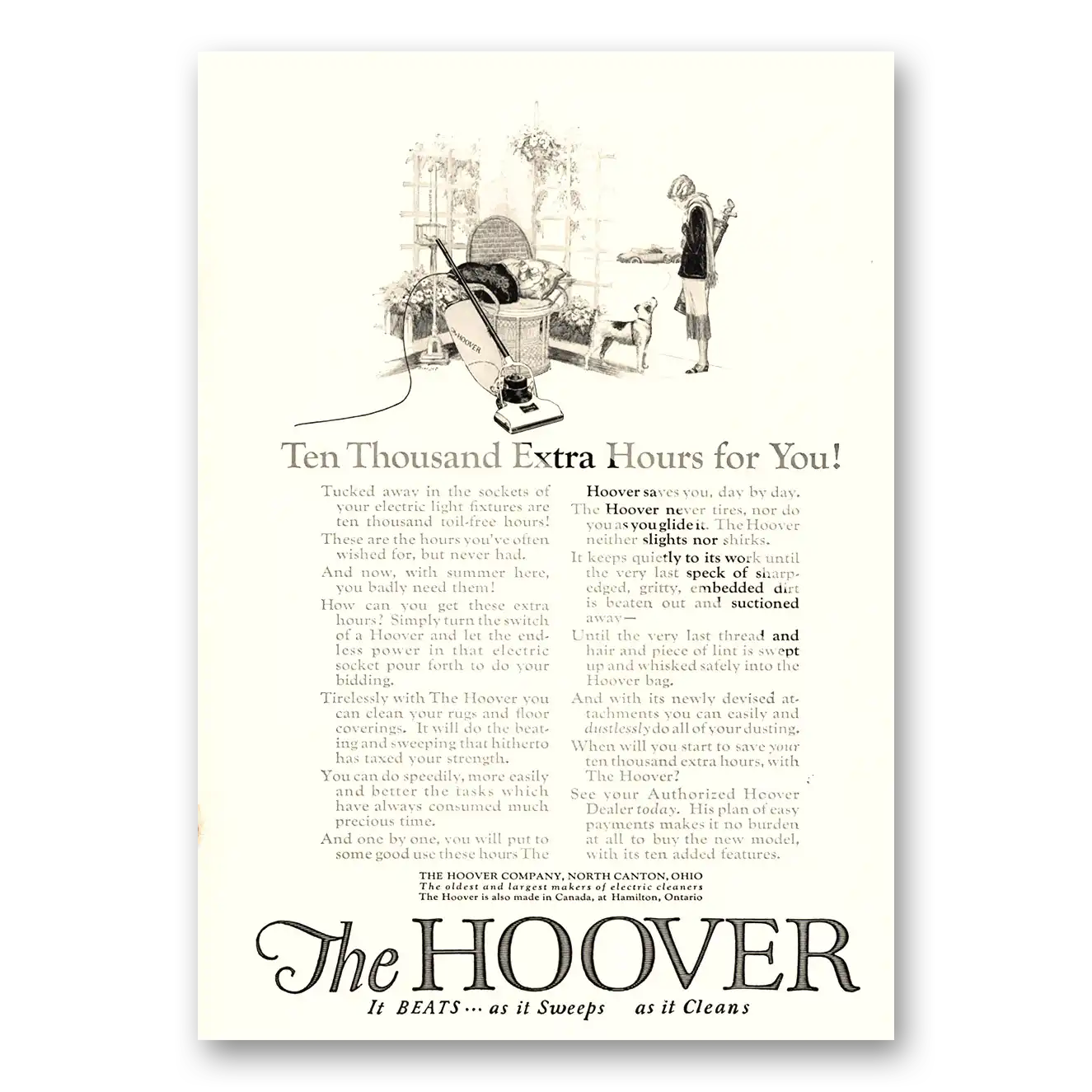 1923 Hoover Vacuum Ten Thousand Extra Hours Vintage Magazine Print Ad