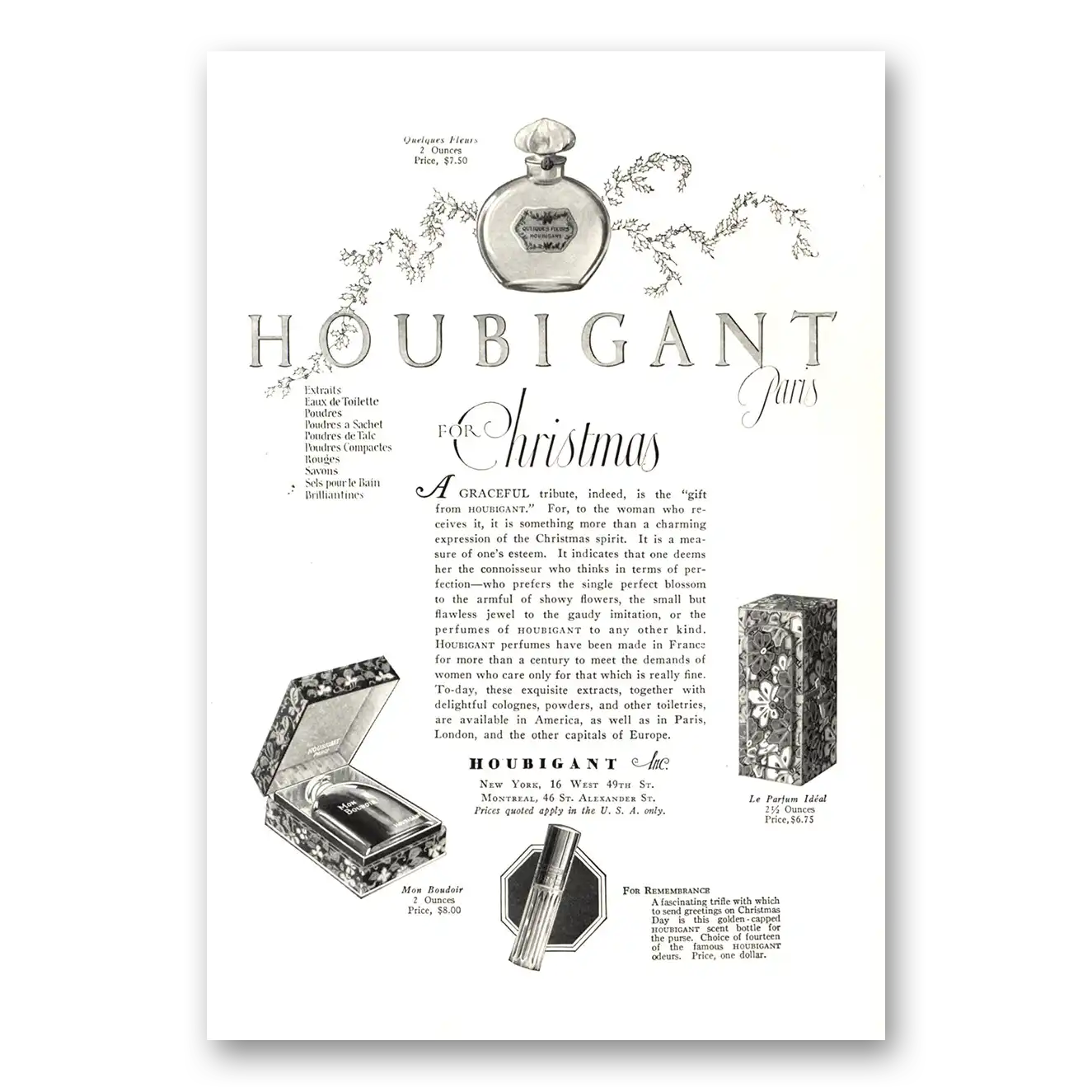 1923 Houbigant Perfumes Paris For Christmas Vintage Magazine Print Ad