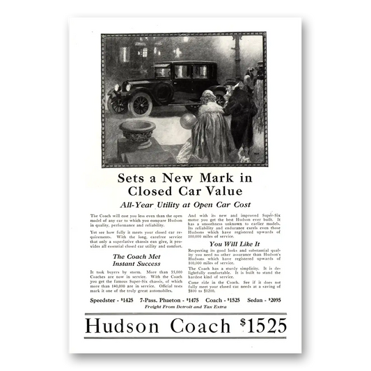 1923 Hudson Motor Car Sets a New Mark Closed Car Value Vintage Magazine Print Ad