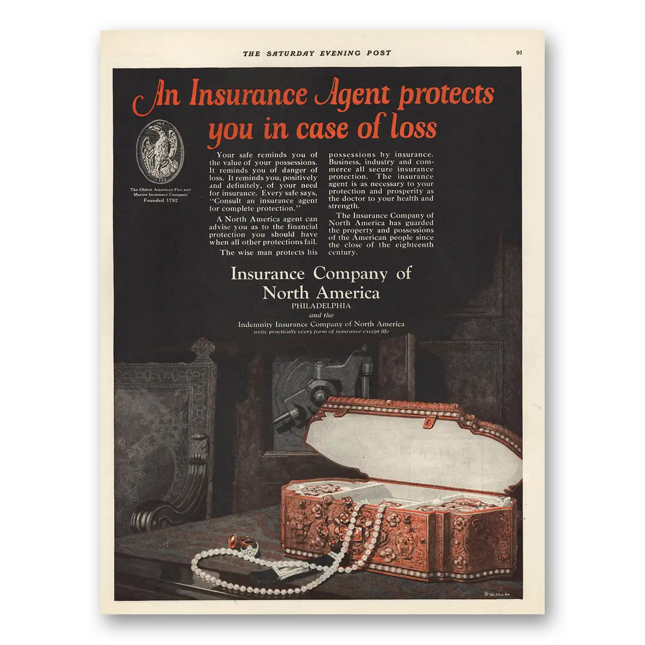 1923 Insurance Company North America INA Protects You In Case of Loss Vintage Magazine Print Ad