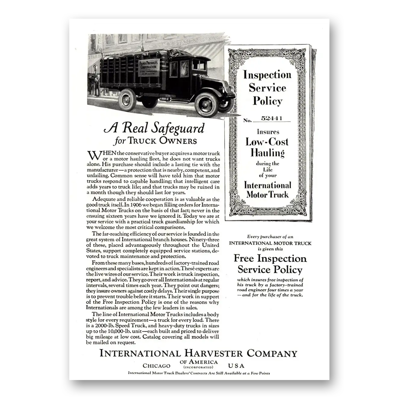 1923 International Trucks Inspection Service Policy Vintage Magazine Print Ad