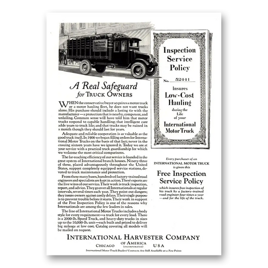 1923 International Trucks Inspection Service Policy Vintage Magazine Print Ad