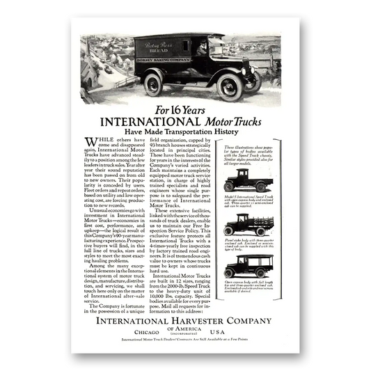 1923 International Trucks For 16 Years Transportation History Vintage Magazine Print Ad