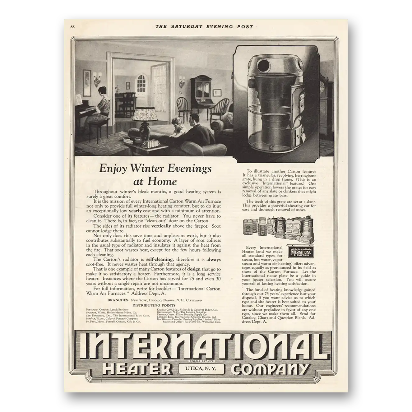 1923 International Heater Company Enjoy Winter Evenings at Home Vintage Magazine Print Ad