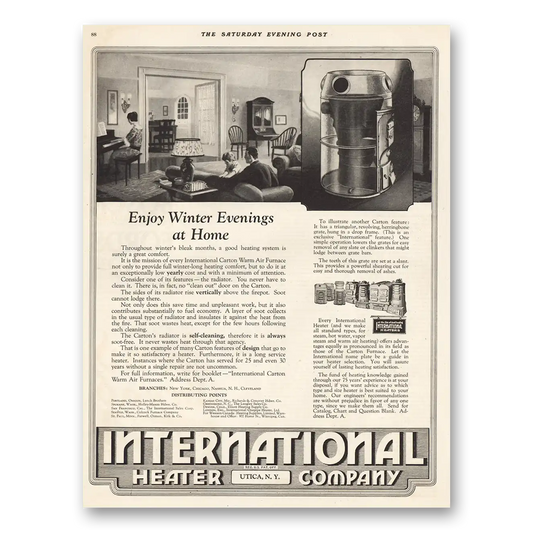 1923 International Heater Company Enjoy Winter Evenings at Home Vintage Magazine Print Ad