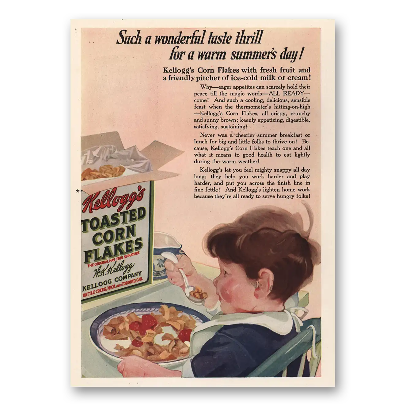 1923 Kelloggs Corn Flakes Wonderful Taste Thrill Vintage Magazine Print Ad