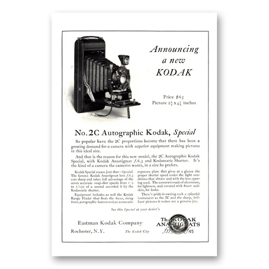 1923 Kodak Autographic Camera No 2C Autographic Vintage Magazine Print Ad