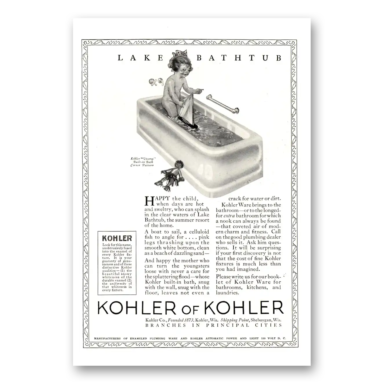 1923 Kohler Lake Bathtub Vintage Magazine Print Ad