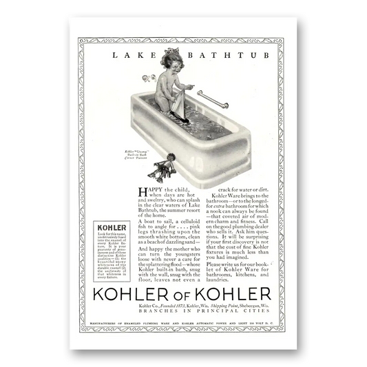 1923 Kohler Lake Bathtub Vintage Magazine Print Ad