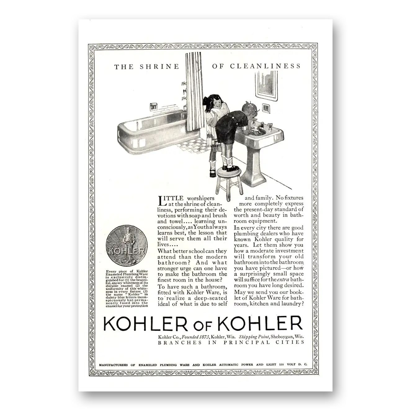 1923 Kohler Shrine of Cleanliness Vintage Magazine Print Ad