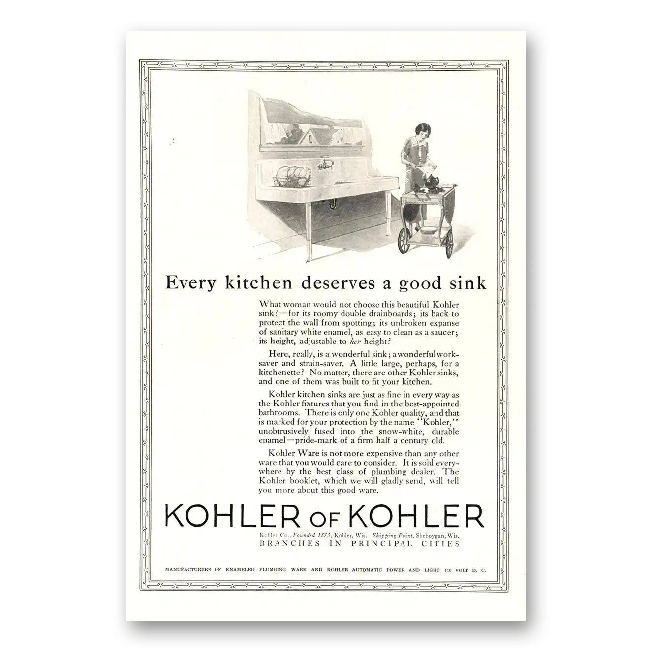 1923 Kohler Every Kitchen Deserves a Good Sink Vintage Magazine Print Ad