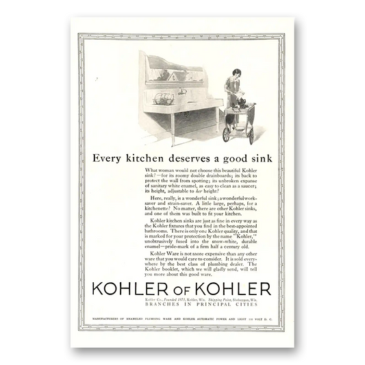 1923 Kohler Every Kitchen Deserves a Good Sink Vintage Magazine Print Ad