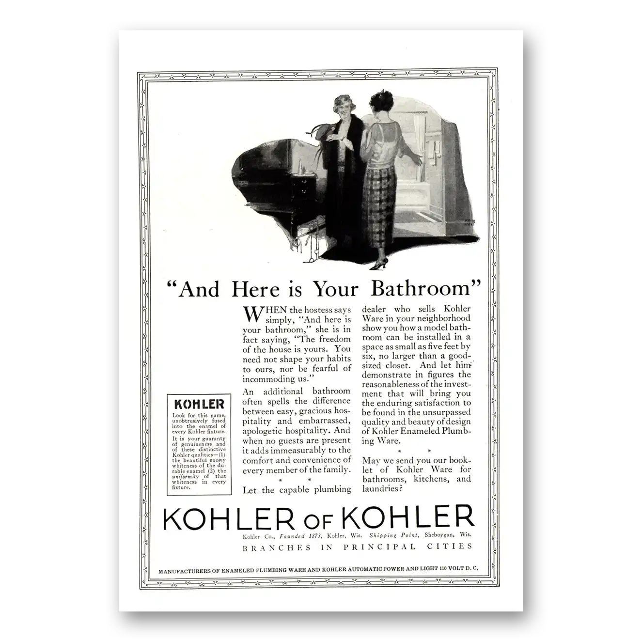 1923 Kohler And Here Is Your Bathroom Vintage Magazine Print Ad