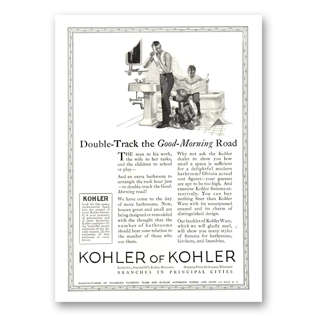 1923 Kohler Double Track the Good Morning Road Vintage Magazine Print Ad