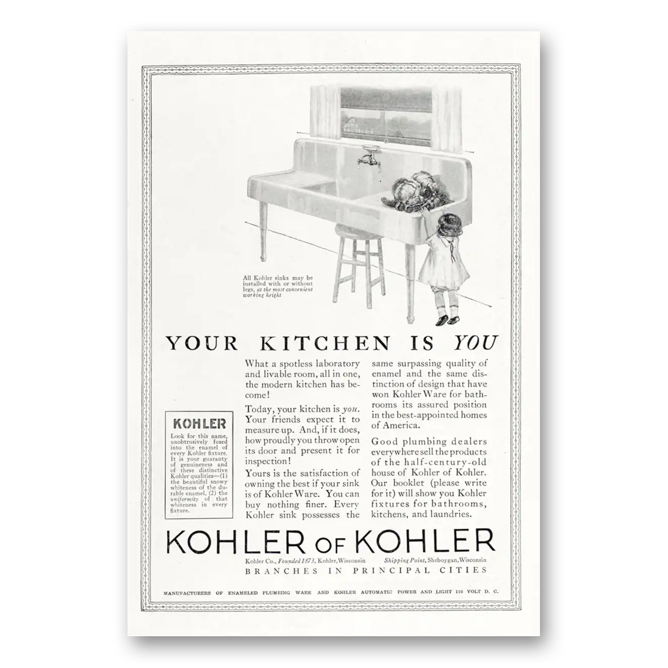 1923 Kohler Your Kitchen Is You Vintage Magazine Print Ad