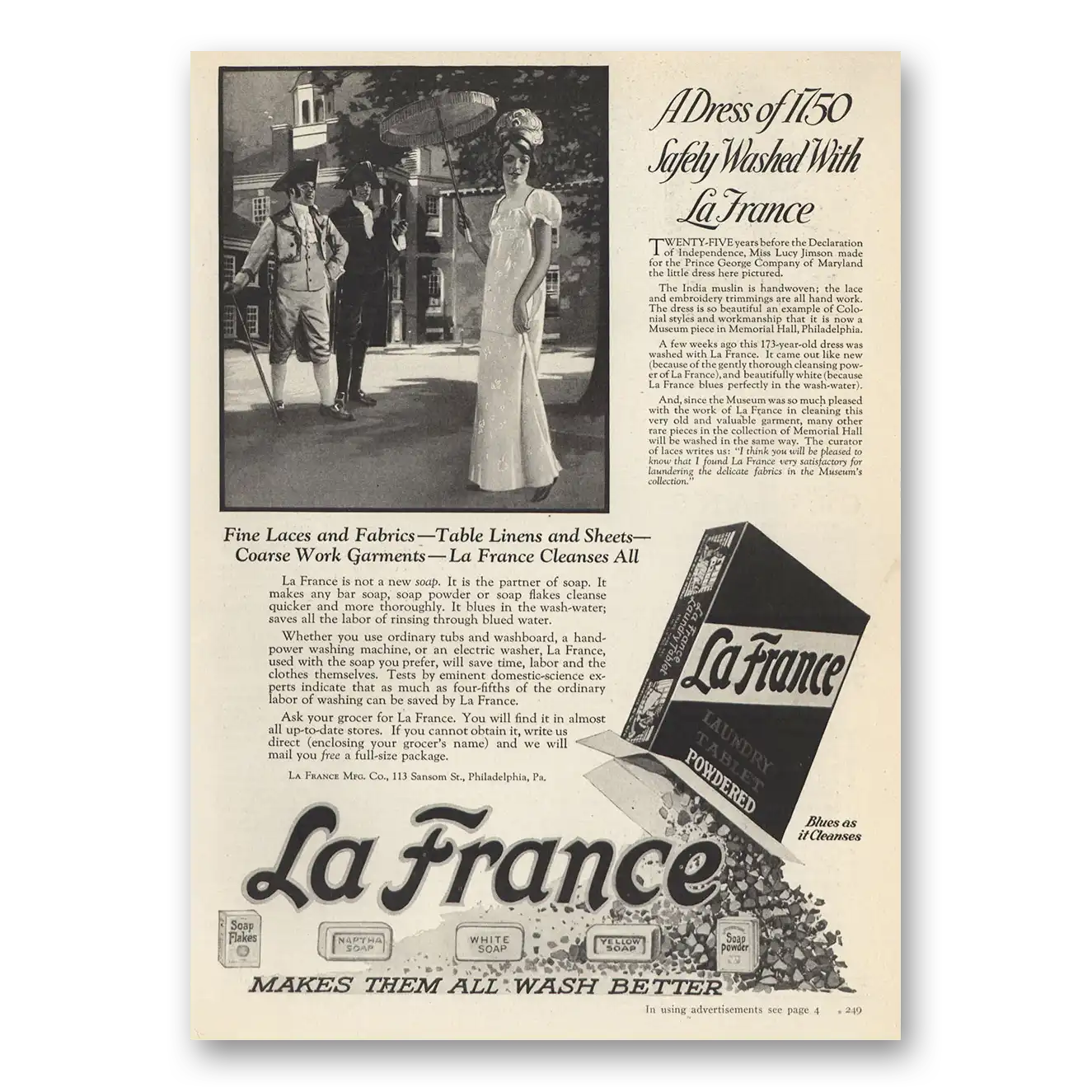 1923 General Foods Laundry Tablet A Dress of 1750 Vintage Magazine Print Ad