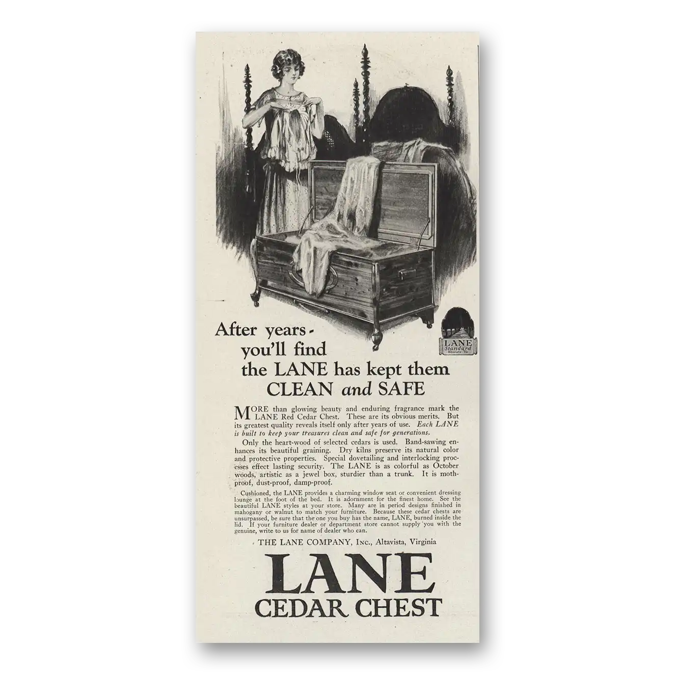 1923 Lane Cedar Hope Chest Kept Them Clean and Safe Vintage Magazine Print Ad