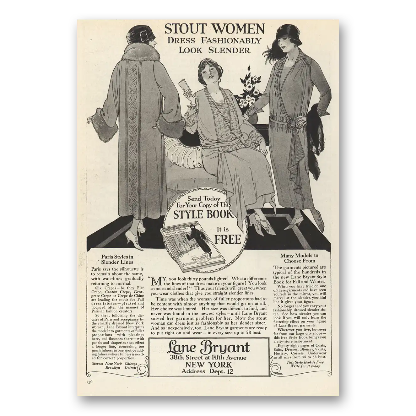 1923 Lane Bryant Stout Women Dress Fashionably Vintage Magazine Print Ad